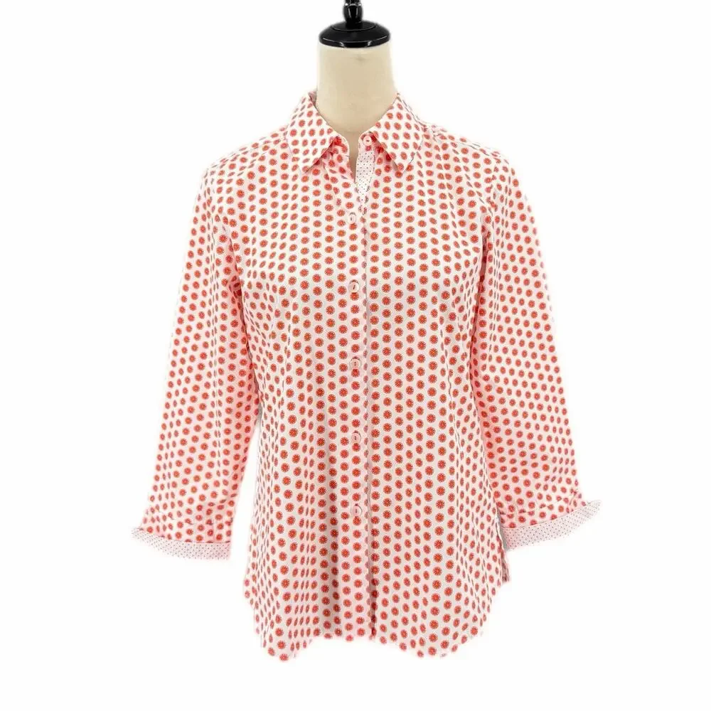 Foxcroft White Orange Citrus Structured Collared Button Up Preppy Blouse Top